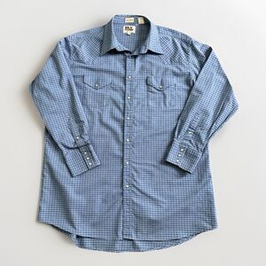 Ely Cattleman Blue Plaid Western Shirt Men's Size 18.5-35 T Pearl Snaps Vintage
